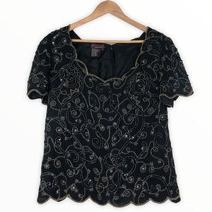 90’s Vintage Beaded Sequined Black Silk Blouse